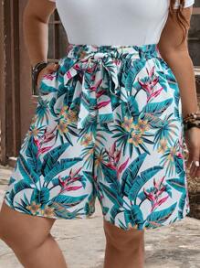 EMERY ROSE Plus Size Women's Tropical Plant Printed Loose Shorts With Pockets, Great For Vacations For Summer,Flower/Spring - Multicolor - View 3
