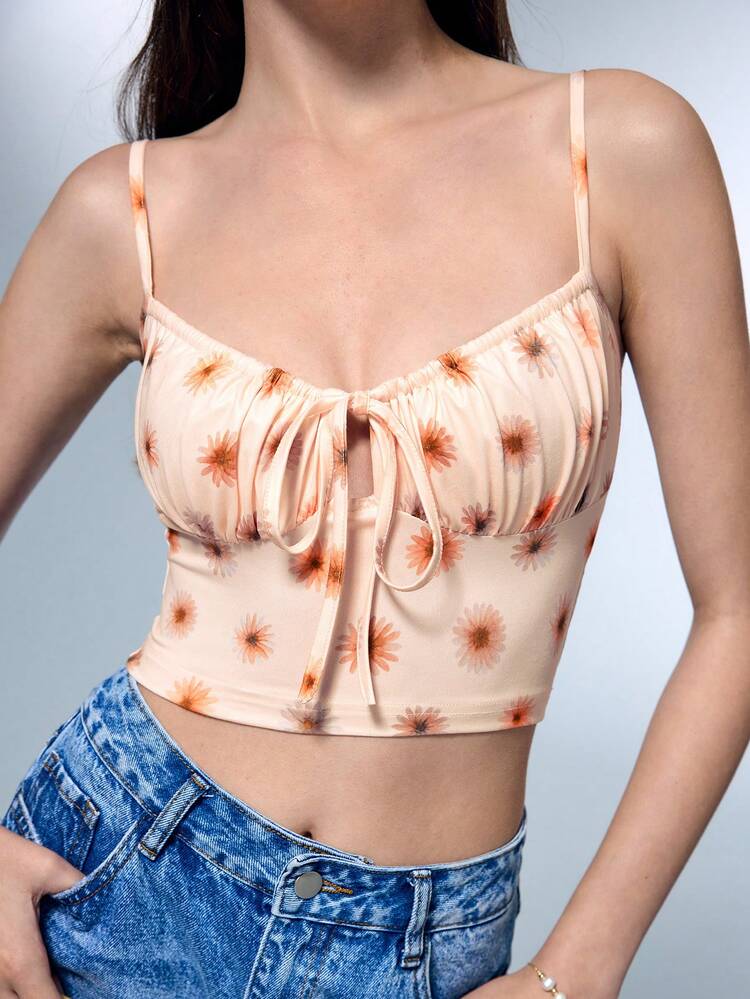 Artist Girlcore Casual Printed Drawstring Crop Top For Women, For Summer, Holiday, Vacation, Festival