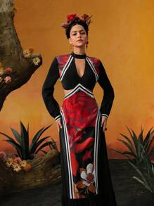 Frida Kahlo X SHEIN X Designer ISELACOS Vestido de línea A con escote de ojal, diseño de cintura calada y volante en el bajo, en estampado floral patchwork, para festival