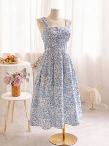 Soleia Resort Spaghetti Dây đeo màu xanh và trắng nhánh Váy chữ A Plus Size hoa - Xanh và trắng - Xem 3