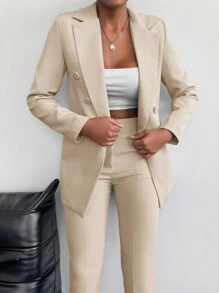 EURMUSE Turn-down Collar Double-breasted Decorative Suit Jacket And Pants Set - Apricot - View 5