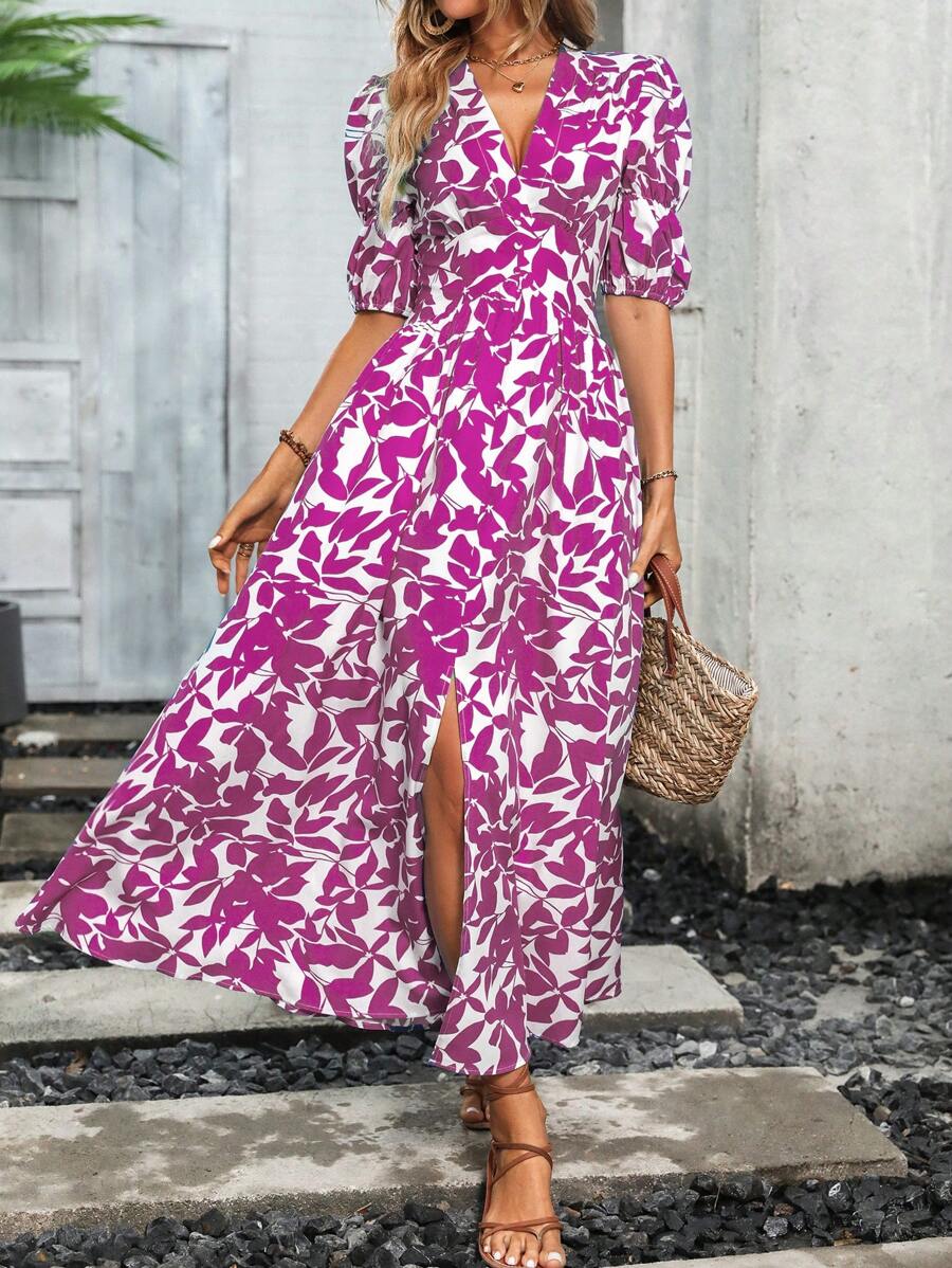 Breezaya Women Fashionable Purple Printed Short Sleeve V-Neck Dress - Purple - View 1