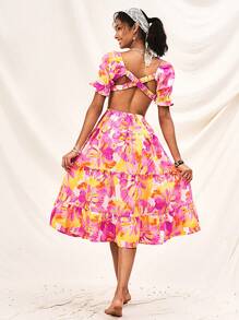 Soleia Summer Floral Vacation Square Neck Bubble Sleeve Waist Cut-Out Asymmetrical Dress - Pink - View 5