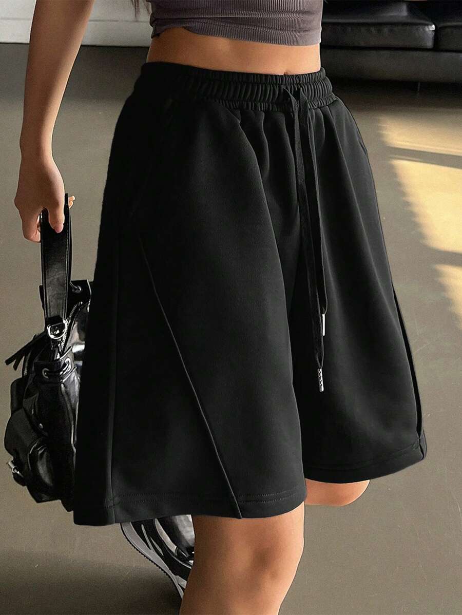 DAZY 女士抽绳腰纯色阔腿宽松休闲短裤夏季毛衣短裤 - 黑色 - 查看 1