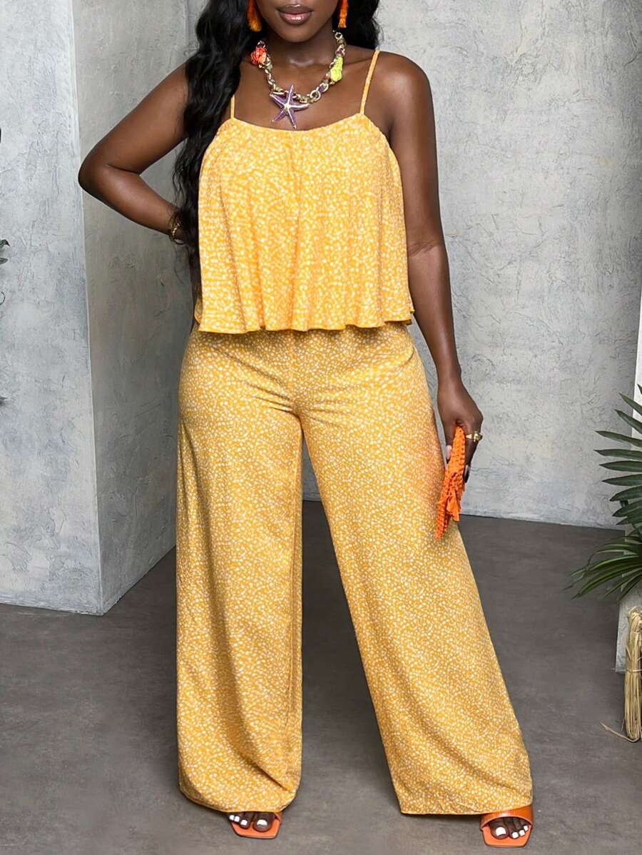 Slaydiva Allover Print Wide-Leg Jumpsuit For Vacation - Yellow - View 1