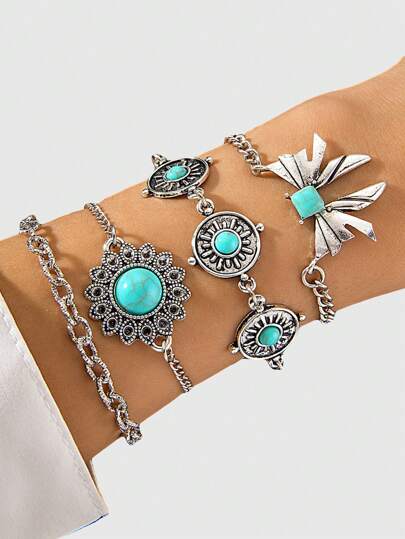 4pcs/Set Vintage & Fashion Alloy Carved Blackened Butterfly, Flower, Sun Disc Pattern Pressed Flower Chain Bracelet Set With Turquoise & Bowknot Decoration, Random Blackened Effect For Women, Party Gift Western Jewelry