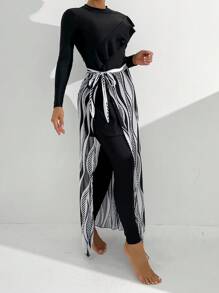 Swim Mulvari Women's Burkini Set With Ruffle Front And Striped Cover Up Skirt, 3 Pieces, Wireless, Random Print, Copyright Purchased, Black, Summer Beach Arabic Clothing