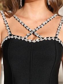 Modphy New Women's Sexy Rhinestone Strap Asymmetrical Long Bodycon Bandage Dress, Suitable For Birthday Party, Wedding, Bridesmaid, Cocktail Dress - Black - View 8