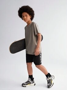 SHEIN Tween Boy Woven Color Blocking Reflective Drawstring Shorts With Letter Print - Black - View 5