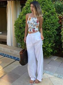 DAZY Áo hai dây in hoa ôm vừa vặn cho nữ, hoàn hảo cho kỳ nghỉ - trắng - Xem 2