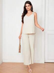 SHEIN Summer Maternity V-Neck Vest And Wide Leg Pants 2pcs Set - Apricot - View 2