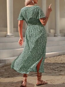 Breezaya Robe bohème grande taille à imprimé floral avec col en V, fente haute et taille froncée, pour les vacances et les loisirs, pour l'été