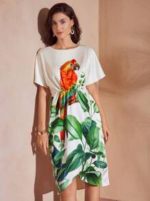 MOTF PREMIUM PARROT AND TROPICAL PRINT TIGHT WAIST WRAP HEM DRESS