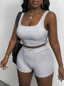 Slaydiva Bộ đồ thể thao thường ngày gồm áo tank top gân và quần short ôm sát dành cho nữ, thích hợp mặc ở nhà và hàng ngày, size Z. - Xám - Xem 3