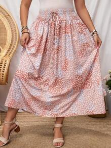 SHEIN LUNE Plus Size Women's Vacation Ditsy Floral Tie-Waist Long Loose Skirt