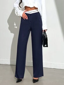 EURMUSE Color Blocking High Waisted Suit Pants - Navy Blue - View 4