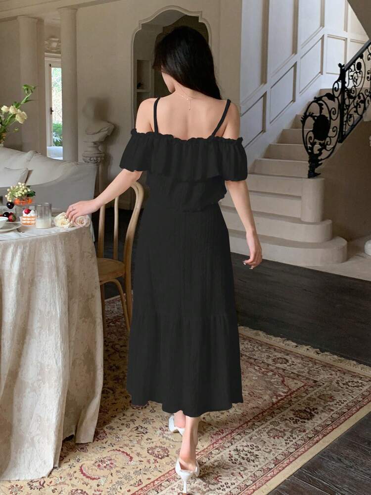 Women's Fashionable Solid Color Spaghetti Strap Top And Skirt Set,Ruffle,Women Two Piece Sets