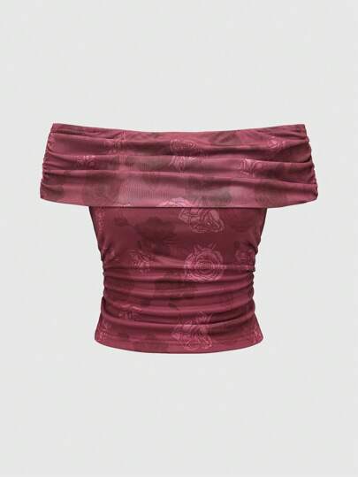 Fairycore Women's Summer Pleated Rose Flower Off Shoulder Slim-Fit Top