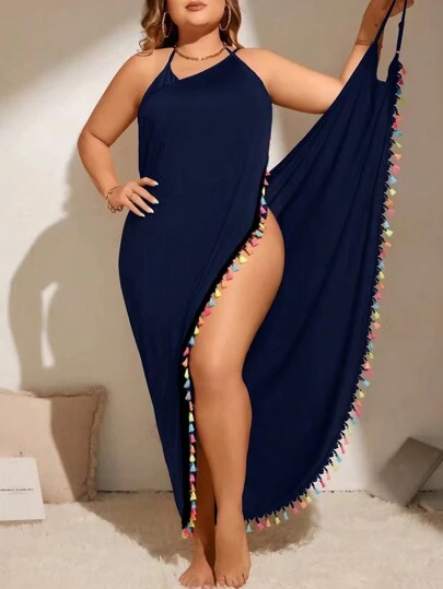 SHEIN Swim Curve 夏季海滩加大码纯色无袖流苏装饰罩衫，交叉裹身高低设计