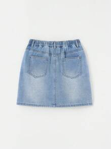 SHEIN Teen Girl Pocketed Solid Color Denim Skirt, Summer
