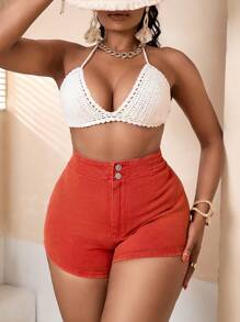 SHEIN SXY Plus Size Women's Sexy Stretchy Denim Shorts, Red - Red - View 5