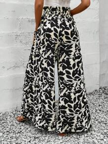 SHEIN LUNE Romantic Women Tie Waist Wide Leg Plant Printed Loose Casual Pants With Frill Trim For Summer Vacation