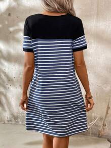EMERY ROSE Ladies' Summer Striped Round Neck Button Front Semi-Placket Short Sleeve Casual T-Shirt Dress - Navy Blue - View 6