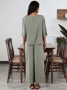 EMERY ROSE 2pcs/Set Women Solid Color Elegant Round Neck Elbow Sleeve Green Wide Leg Pants