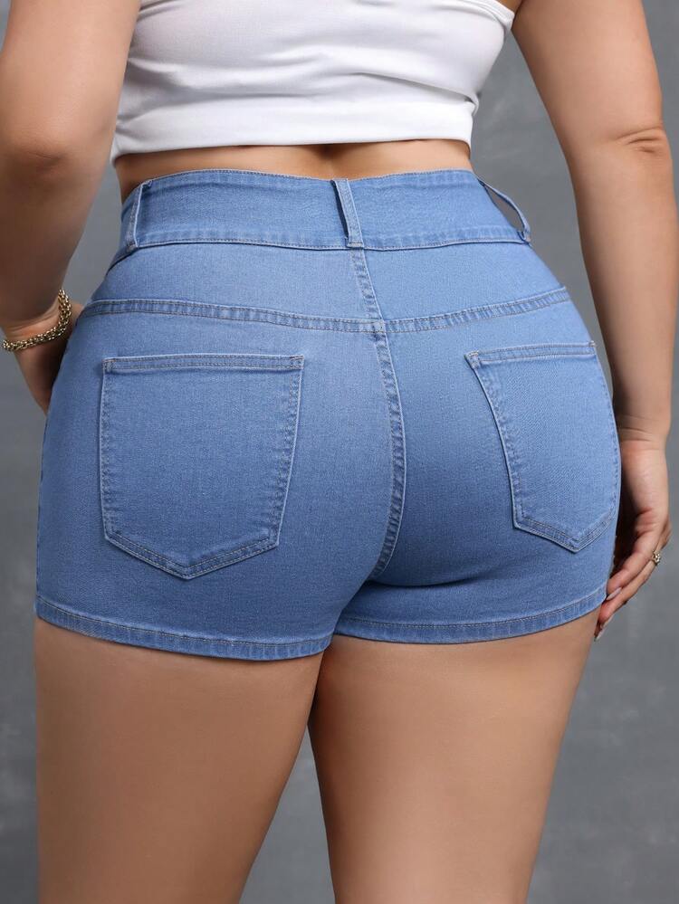 Women's Plus Size Casual Denim Shorts With Pockets For Daily Outing