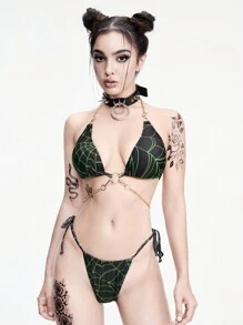 ROMWE Goth Women's Fashionable Spider Web Printed Bikini Set,Summer Beach - Multicolor - View 4