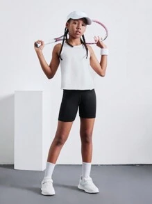 SHEIN Tween Girl Knitted Color Block Cross Back Vest And Shorts Sports 2pcs Outfits - Multicolor - View 5