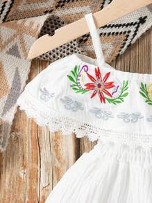 New Spring/Summer Baby Girls Embroidery Off Shoulder Dress With Large Floral Pattern - White - View 6
