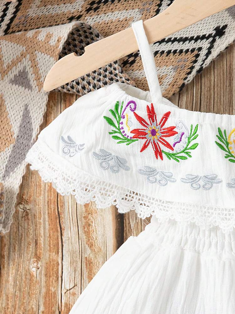 New Spring/Summer Infant Girls Embroidery Off Shoulder Dress With Large Floral Pattern