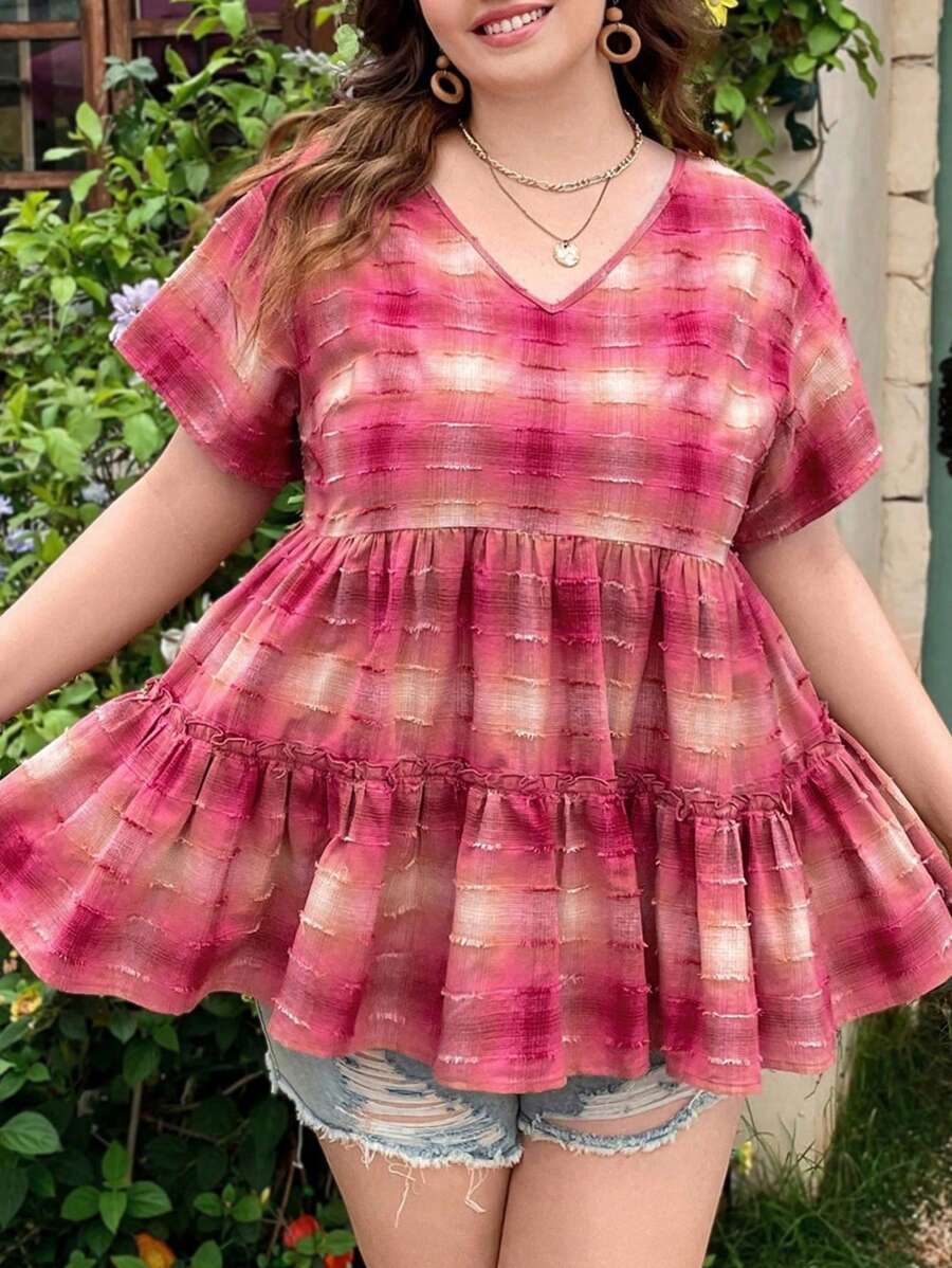Dreamara WYWH Casual Vacation Romantic Pink Plaid Ruffle Shirt Top - Pink - View 1