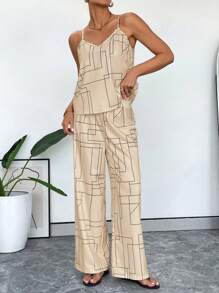 SHEIN Essnce Summer Line Print Cami Top & Pants Two Pieces Outfit - Khaki - View 1
