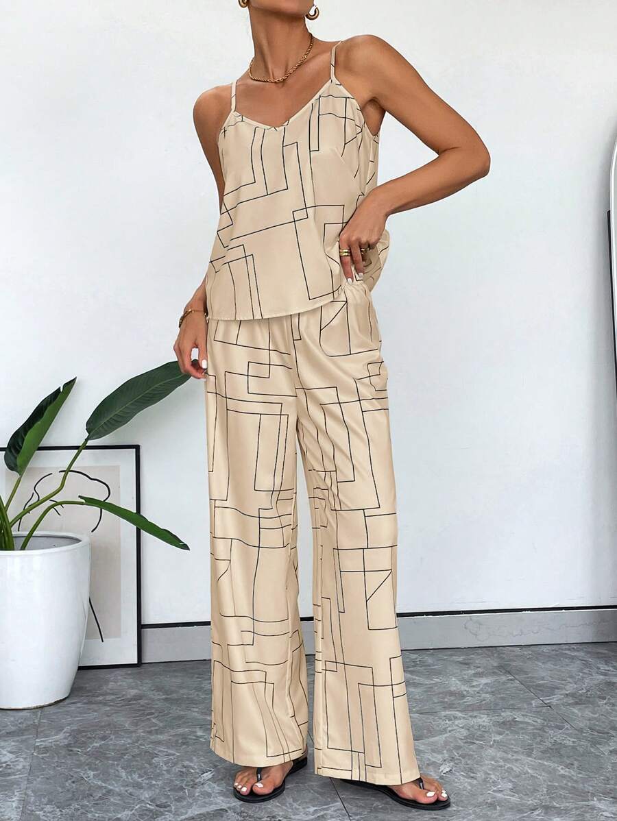 SHEIN Essnce Summer Line Print Cami Top & Pants Two Pieces Outfit - Khaki - View 1