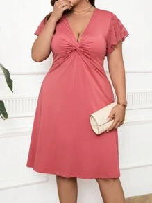 Reflora 大码夏季休闲纯色扭纹前深 V 领连衣裙圣诞服装女式新年女装