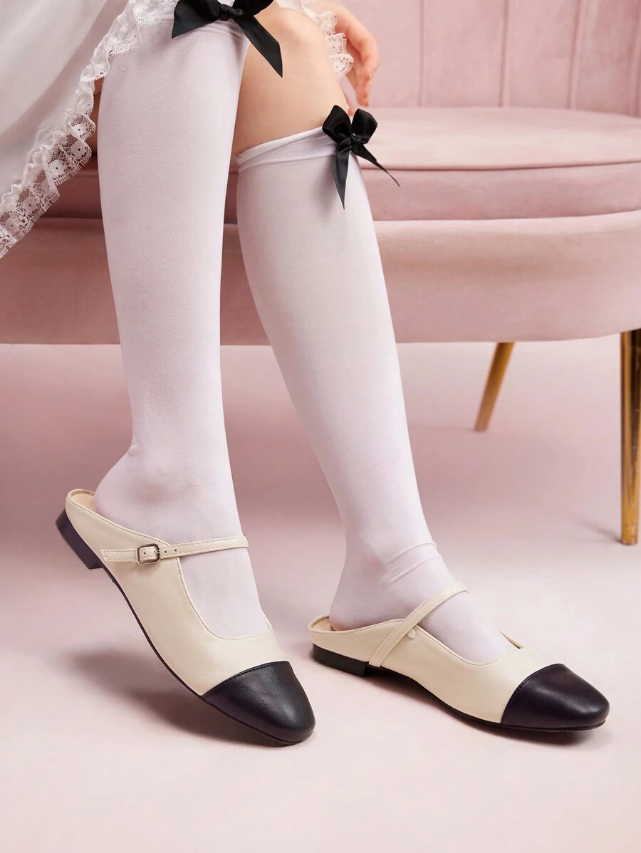 CUCCOO DOLLMOD 2024 New Spring And Summer Women's Flat Shoes With Sweet Bow,, Buckle Strap And Open Heel In European And American Style - Black and White - View 1
