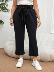 SHEIN Essnce Pantalones negros de lápiz con cinturón de lazo de talla grande para mujer, de moda y cómodos para ocasiones casuales y en el hogar - Negro - Ver 4