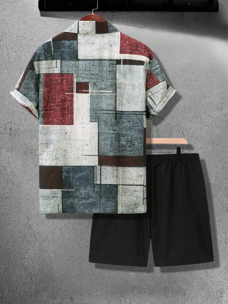 Men Plus Size Turn Down Collar Front Button Printed Short Sleeve Shirt + Solid Color Drawstring Shorts Two-Piece Set