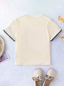 The Wizard of Oz X SHEIN Tween Girl Figure And Letter Graphic Contrast Lace Trim Petal Sleeve Tee For Summer - Apricot - View 2