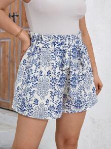 SHEIN Clasi Cộng với kích thước kỳ nghỉ túi giấy in thông thường thắt lưng quần short - Nhiều màu - Xem 3