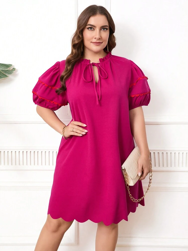 Plus Size Women's Summer Solid Color Loose Straight Dress With Frill Trim And Tie Neck Short Puff Sleeves
