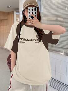 DAZY Camiseta de manga corta y cuello redondo para mujer con diseño en patchwork, camiseta de verano oversize, camisetas gráficas