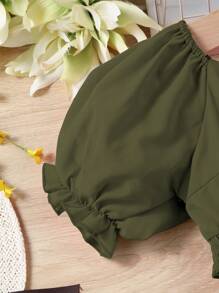 SHEIN Vestido elegante de línea A con manga abullonada en unicolor para adolescente con recorte en la cintura, verano - Verde militar - Ver 4