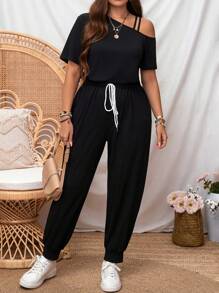 SHEIN LUNE Mono de talla grande sin hombros con mangas cortas y cintura ajustable con corbata con pantalón largo negro, primavera/verano