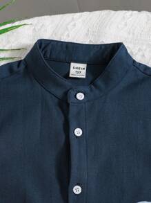 SHEIN LMoss Kids 3pcs/Set Young Boy Casual College Style Solid Color Stand Collar Linen Short Sleeve Shirt, Spring/Summer Plain Shirt For Kidskids Summer Tops