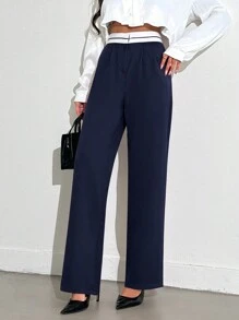EURMUSE Color Blocking High Waisted Suit Pants - Navy Blue - View 3