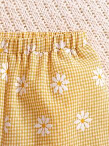 寶寶女孩休閒度假格紋與花卉圖案無袖上衣，連彈性腰長褲套裝 - 黃色 - 查看 4