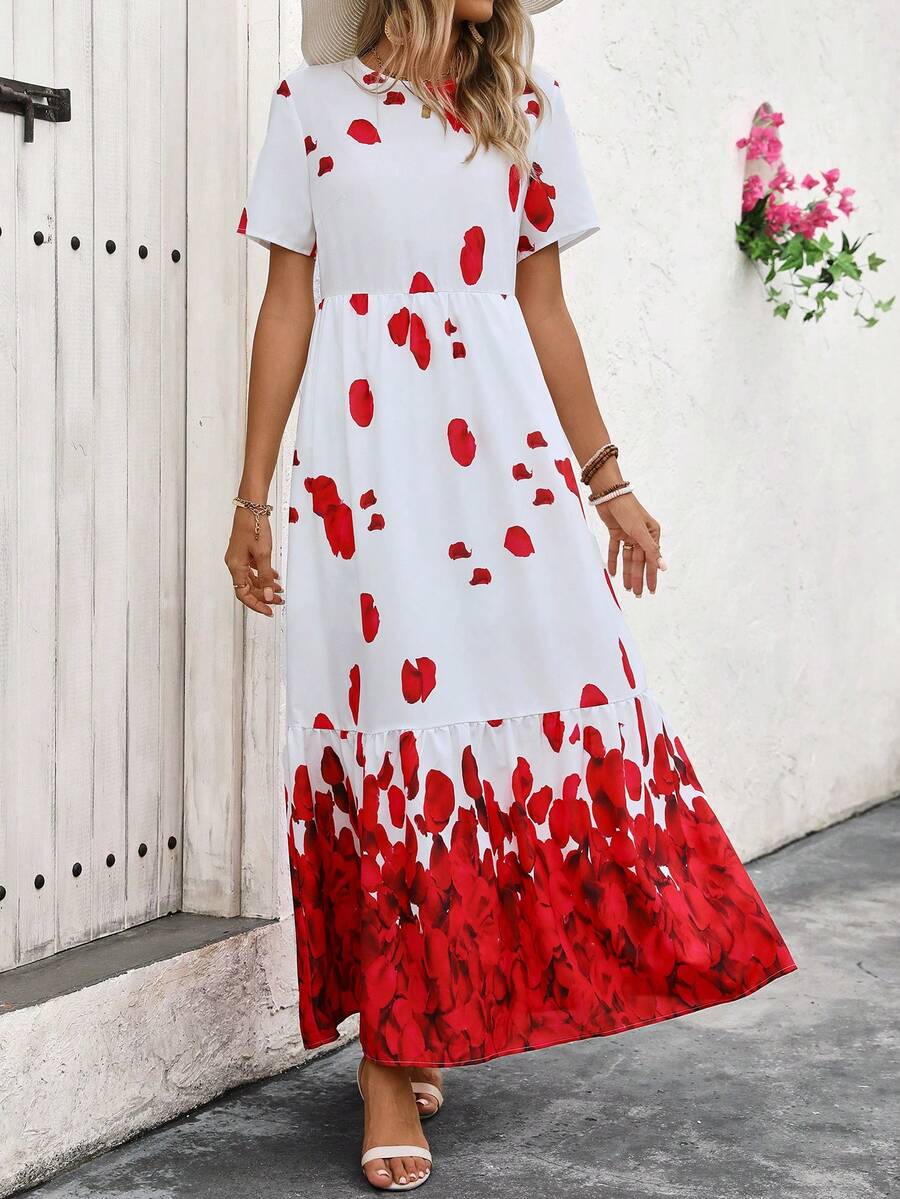 Breezaya 女裝浪漫渡假花瓣印花夏季短袖連衣裙 - 紅白色 - 查看 1